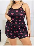 Büyük Beden Siyah Kalp Desen İnce Askılı Pamuklu Şortlu Pijama Takımı