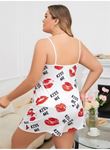 Büyük Beden Kiss Me Öpücük Desen Pamuklu Şortlu Pijama Takımı