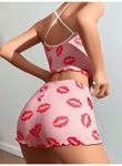 Pamuklu Kiss Öpücük Desen Pembe Şortlu Pijama Takımı
