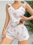 Pamuklu Beyaz Üstüne Çiçek Desen Fırfır Askılı Şortlu Pijama Takımı