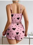 Pamuklu Pembe Üstüne Siyah Kalp Desenli Askılı Fitilli Şortlu Pijama Takımı
