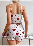 Pamuklu Beyaz Üstüne Kırmızı Kalp Desenli Askılı Şortlu Pijama Takımı