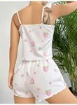 Pamuklu Beyaz Üstüne Çiçek Desen Fırfır Askılı Şortlu Pijama Takımı
