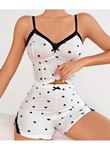 Pamuklu Beyaz Üstüne Siyah Kalp Desen Fitilli Askılı Şortlu Pijama Takımı