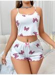 Pamuklu Beyaz Üstüne Pembe Kurdela Desenli Fitilli Askılı Şortlu Pijama Takımı