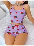 Pamuklu Lila Üstüne Çilek Desen Fitilli Askılı Şortlu Pijama Takımı