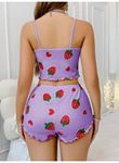 Pamuklu Lila Üstüne Çilek Desen Fitilli Askılı Şortlu Pijama Takımı