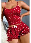 Pamuklu Kırmızı Üstüne Beyaz Kalp Desen Fitilli Askılı Şortlu Pijama Takımı