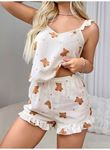 Pamuklu Ayıcık Desen Fırfırlı Askılı Şortlu Pijama Takımı