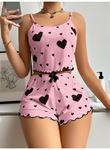 Pamuklu Pembe Üstüne Siyah Kalp Desenli Askılı Fitilli Şortlu Pijama Takımı