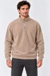 Erkek Polar Dik Yaka Yarım Fermuarlı Uzun Kollu Regular Fit Kışlık Sweatshirt - Bej