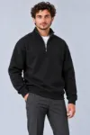 Erkek Üç İplik İçi Şardonlu Dik Yaka Yarım Fermuarlı Kışlık Sweatshirt - Siyah