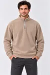 Erkek Polar Dik Yaka Yarım Fermuarlı Uzun Kollu Regular Fit Kışlık Sweatshirt - Bej
