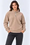 Polar Dik Yaka Yarım Fermuarlı Uzun Kollu Regular Fit Kışlık Sweatshirt - Bej