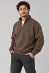 Erkek Üç İplik İçi Şardonlu Dik Yaka Yarım Fermuarlı Kışlık Sweatshirt - Kahverengi