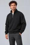Erkek Üç İplik İçi Şardonlu Dik Yaka Yarım Fermuarlı Kışlık Sweatshirt - Siyah