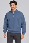 Erkek Üç İplik İçi Şardonlu Dik Yaka Yarım Fermuarlı Kışlık Sweatshirt - Mavi