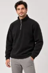Erkek Polar Dik Yaka Yarım Fermuarlı Uzun Kollu Regular Fit Kışlık Sweatshirt - Siyah