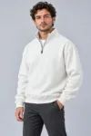 Erkek Üç İplik İçi Şardonlu Dik Yaka Yarım Fermuarlı Kışlık Sweatshirt - Beyaz