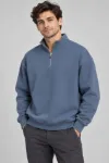 Erkek Üç İplik İçi Şardonlu Dik Yaka Yarım Fermuarlı Kışlık Sweatshirt - Mavi