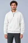 Erkek Üç İplik İçi Şardonlu Dik Yaka Yarım Fermuarlı Kışlık Sweatshirt - Beyaz