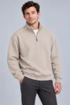 Erkek Üç İplik İçi Şardonlu Dik Yaka Yarım Fermuarlı Kışlık Sweatshirt - Bej