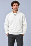 Erkek Üç İplik İçi Şardonlu Dik Yaka Yarım Fermuarlı Kışlık Sweatshirt - Beyaz