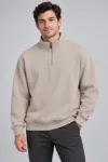 Erkek Üç İplik İçi Şardonlu Dik Yaka Yarım Fermuarlı Kışlık Sweatshirt - Bej