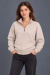 Üç İplik İçi Şardonlu Dik Yaka Yarım Fermuarlı Kışlık Sweatshirt - Bej