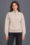 Üç İplik İçi Şardonlu Dik Yaka Yarım Fermuarlı Kışlık Sweatshirt - Bej