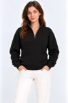 Üç İplik İçi Şardonlu Dik Yaka Yarım Fermuarlı Kışlık Sweatshirt - Siyah