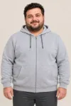 Erkek Battal Büyük Beden Üç İplik İçi Şardonlu Kapüşonlu Tam Fermuarlı Kışlık Sweatshirt - Gri