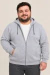 Erkek Battal Büyük Beden Üç İplik İçi Şardonlu Kapüşonlu Tam Fermuarlı Kışlık Sweatshirt - Gri