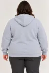 Battal Büyük Beden Üç İplik İçi Şardonlu Kapüşonlu Tam Fermuarlı Kışlık Sweatshirt - Gri