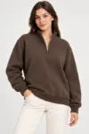 Üç İplik İçi Şardonlu Dik Yaka Yarım Fermuarlı Kışlık Sweatshirt - Kahverengi