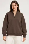 Üç İplik İçi Şardonlu Dik Yaka Yarım Fermuarlı Kışlık Sweatshirt - Kahverengi