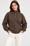 Üç İplik İçi Şardonlu Dik Yaka Yarım Fermuarlı Kışlık Sweatshirt - Kahverengi