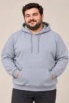 Erkek Battal Büyük Beden Üç İplik İçi Şardonlu Kapüşonlu Kanguru Cepli Kışlık Sweatshirt - Gri