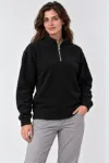 Polar Dik Yaka Yarım Fermuarlı Uzun Kollu Regular Fit Kışlık Sweatshirt - Siyah