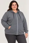 Battal Büyük Beden Üç İplik İçi Şardonlu Kapüşonlu Tam Fermuarlı Kışlık Sweatshirt - Füme