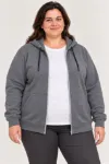 Battal Büyük Beden Üç İplik İçi Şardonlu Kapüşonlu Tam Fermuarlı Kışlık Sweatshirt - Füme