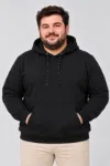 Erkek Battal Büyük Beden Üç İplik İçi Şardonlu Kapüşonlu Kanguru Cepli Kışlık Sweatshirt - Siyah