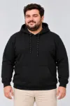 Erkek Battal Büyük Beden Üç İplik İçi Şardonlu Kapüşonlu Kanguru Cepli Kışlık Sweatshirt - Siyah