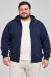 Erkek Battal Büyük Beden Üç İplik İçi Şardonlu Kapüşonlu Tam Fermuarlı Kışlık Sweatshirt - Lacivert