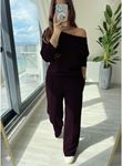 Kadın Uzun Kollu Tek Omuzdan Açık Modal Bluz Ve Pantolon Ikili Mürdüm Takım