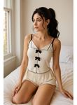 Siyah Kurdelalı Fitilli Askılı Şortlu Pijama Takımı