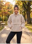 Kadın Yarım Fermuarlı Kanguru Cepli Peluş Wellsoft Sweatshirt