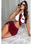 Şık Tasarım Bordo Yırtmaçlı Mini Etek ve Boyundan Bağlamalı Büstiyer Hostes Kostümü